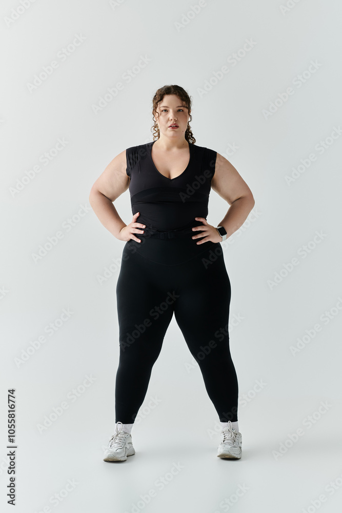 An elegant plus size woman stands confidently in fitted attire, showcasing her beauty and strength. An elegant plus size woman stands confidently in fitted attire, showcasing her beauty and strength.