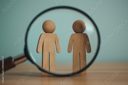 Two Wooden Peg People Under Magnifying Glass