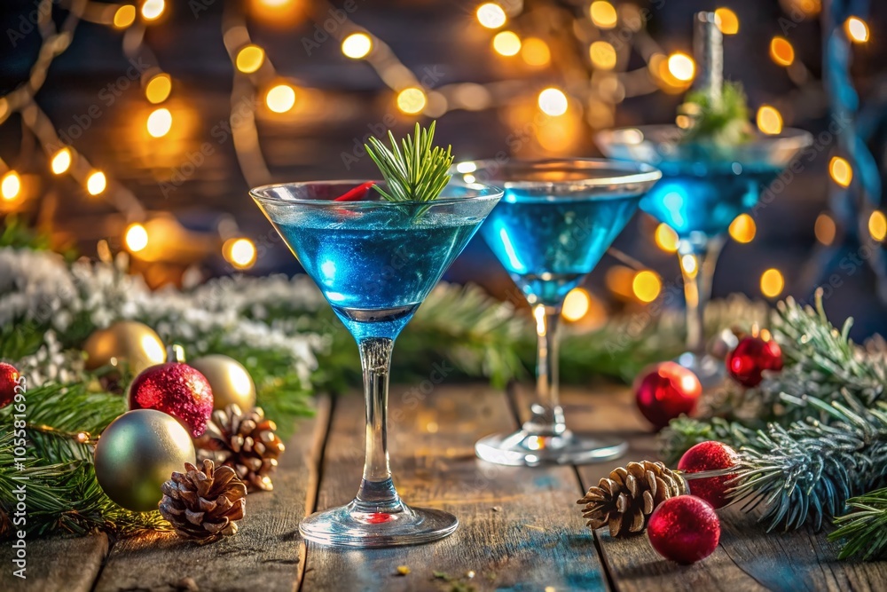 Festive Blue Holiday Cocktails in Low Light with Decorations for a Cozy Atmosphere Festive Blue Holiday Cocktails in Low Light with Decorations for a Cozy Atmosphere
