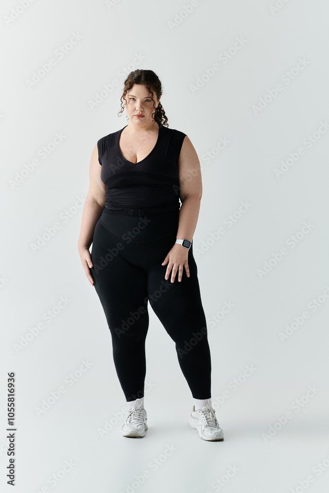 A beautiful plus size woman poses gracefully in fitted black attire, showcasing her elegance. A beautiful plus size woman poses gracefully in fitted black attire, showcasing her elegance.