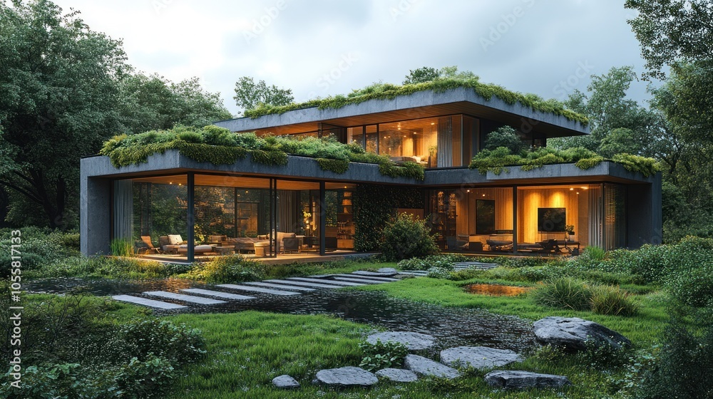 Modern house surrounded by greenery and natural landscape. Modern house surrounded by greenery and natural landscape.