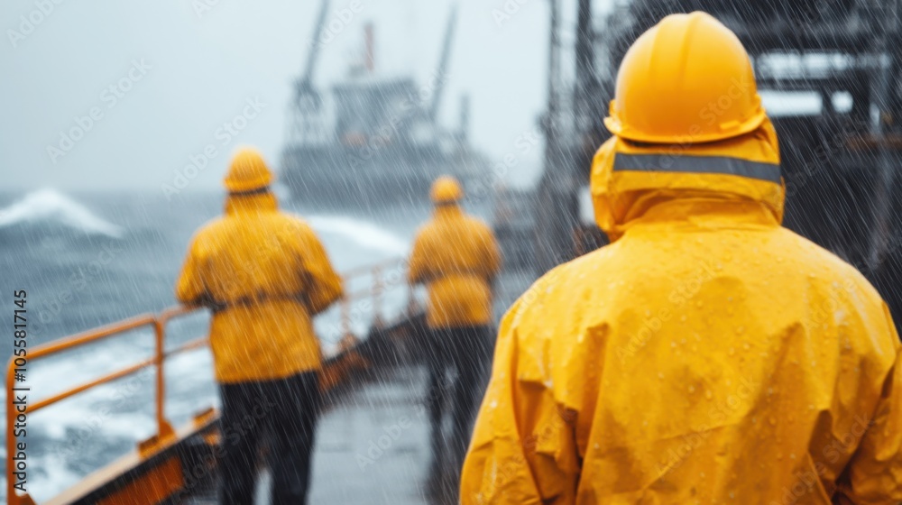 Stormy Oil Rig Scene with Workers in Yellow Rain Gear