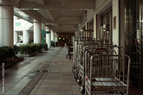 An empty shopping trolley stands still in a covered walkway, evoking a sense of quiet anticipation in a suburban shopping mall. photo