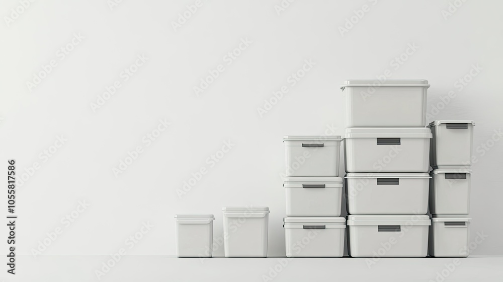 Stackable storage containers, side view, full length, isolated on white, variety of sizes for organized storage Stackable storage containers, side view, full length, isolated on white, variety of sizes for organized storage