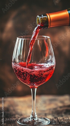 Rich red wine cascades from a bottle into a crystal glass, creating a mesmerizing swirl of deep crimson liquid against a warm, rustic background. photo