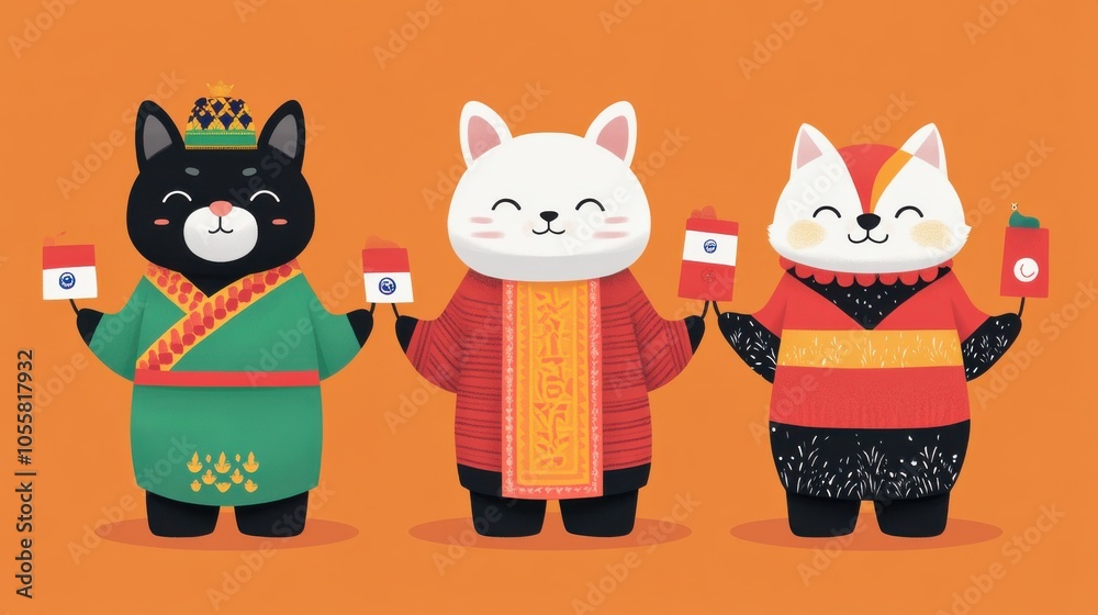 Fototapeta premium Cartoon Animals in Traditional Attire Holding Cups