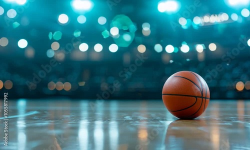 A basketball rests on a polished court, illuminated by dramatic lighting in a sports arena.