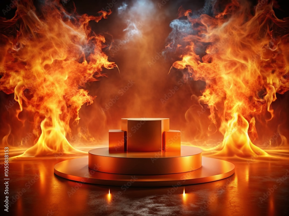 Fiery Orange Podium with Flames and Smoke for Energy Drink Promotion Fiery Orange Podium with Flames and Smoke for Energy Drink Promotion