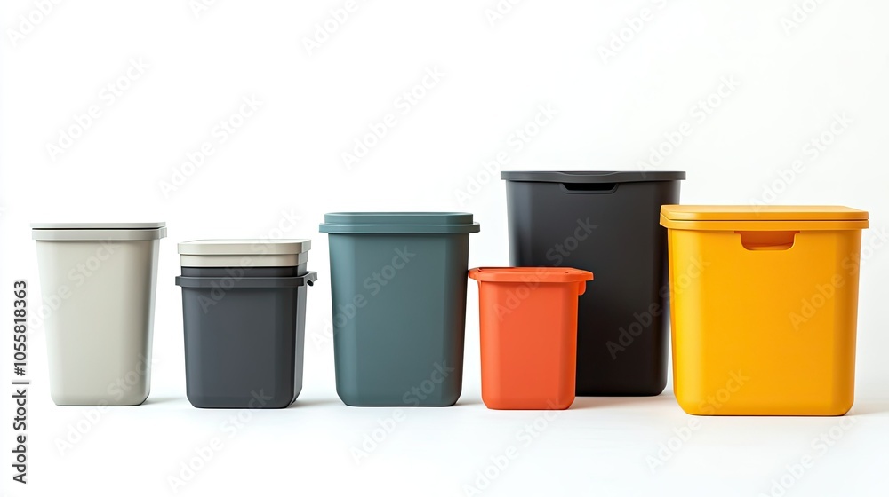 Storage bins, side view, full length, isolated, white background, variety in size and design for home organization