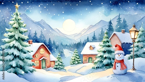 Snowman in a winter village at night with colorful houses and a bright moonlight