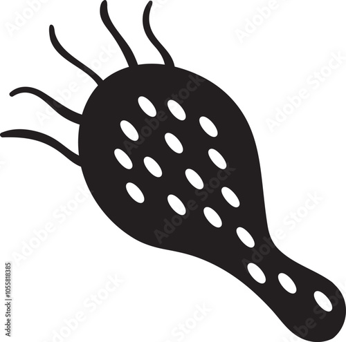 Simple black and white illustration of a paramecium aurelia, a single celled freshwater ciliate, moving with the help of cilia