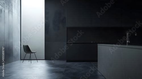 una cocina minimalista en color gris oscuro cocina modera y elegante con diseño de interiores  photo