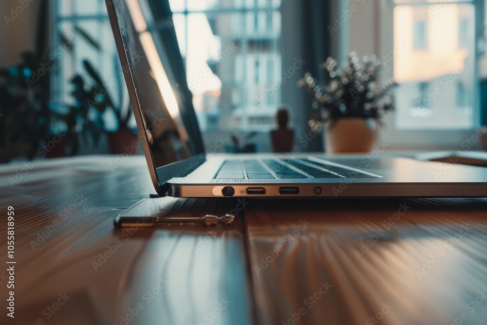 A sleek laptop resting on a wooden desk captures the modern work-from-home environment. A sleek laptop resting on a wooden desk captures the modern work-from-home environment.