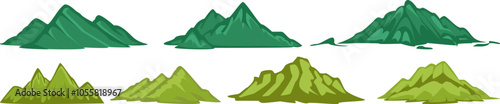 Cartoon Green Mountains Icons Flat Landscape Illustration Set