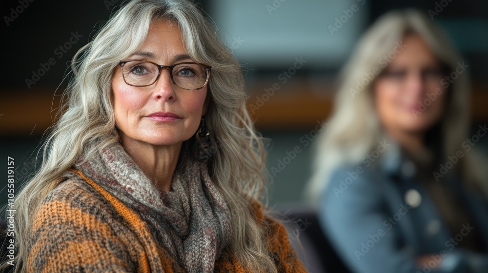 Two women with gray hair seated, engaged in conversation. Two women with gray hair seated, engaged in conversation.