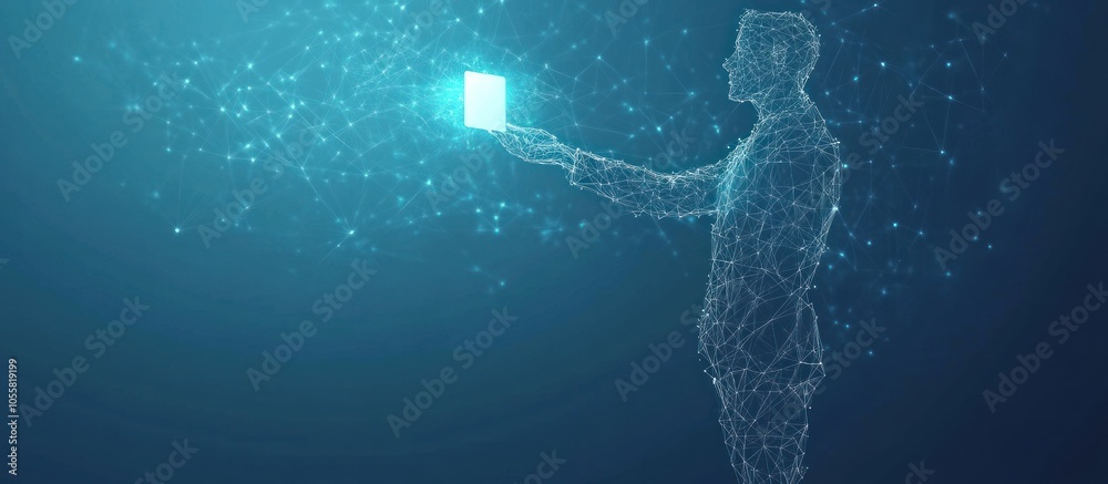 holding card in flight from abstract polygonal points blue. Low poly
