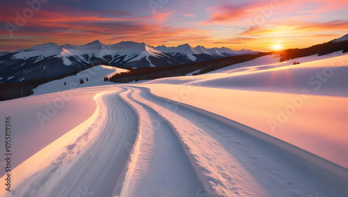 A stunning winter landscape featuring snow-covered mountains at sunset, with distinct tracks leading through the pristine white snow.