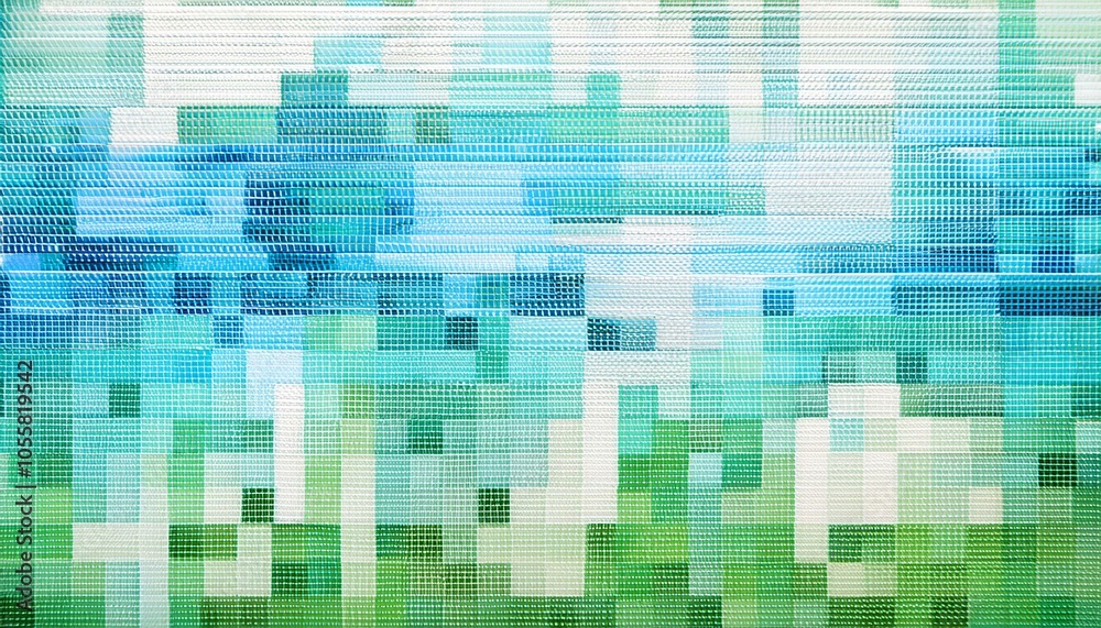 white background, grid pattern of blue and green stripes, pixelated, small pixels