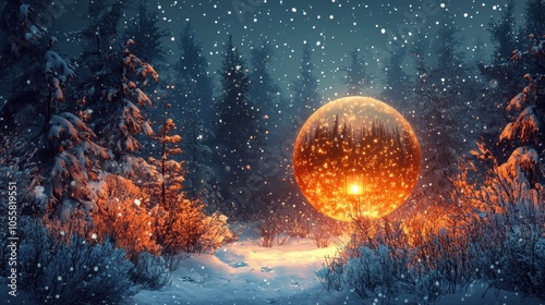 A magical winter night illuminated by glowing orbs amidst falling snow in a serene forest landscape