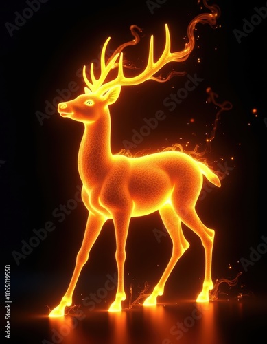 A fiery deer stands against a black background, its antlers glowing brightly photo