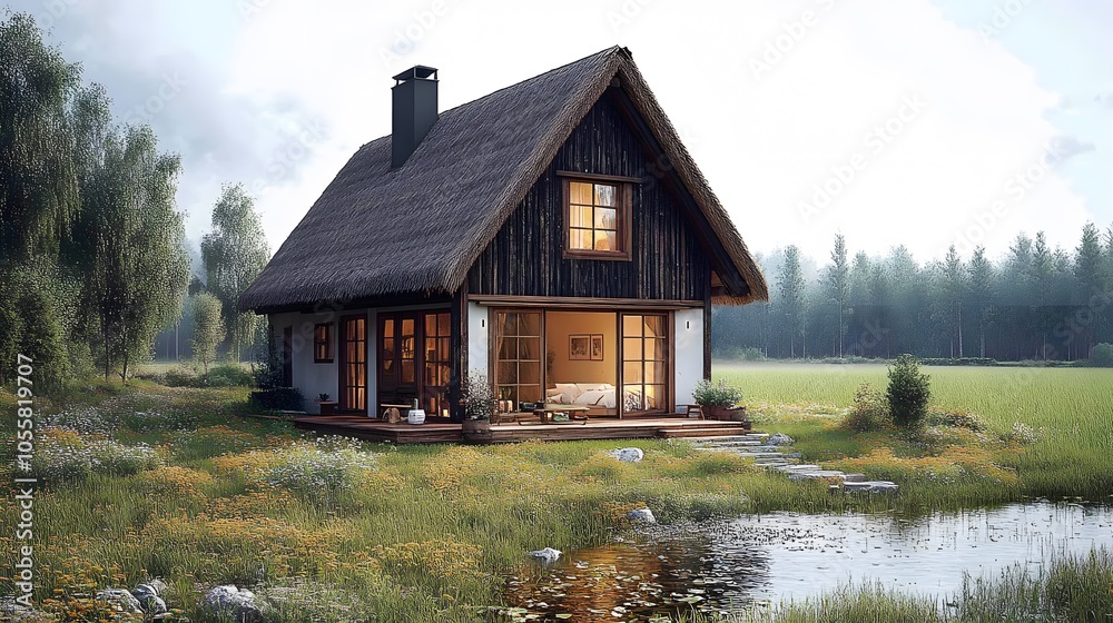 Small rustic house with a thatched roof nestled within rice paddies organic elements and an open plan design for serene countryside living Small rustic house with a thatched roof nestled within rice paddies organic elements and an open plan design for serene countryside living