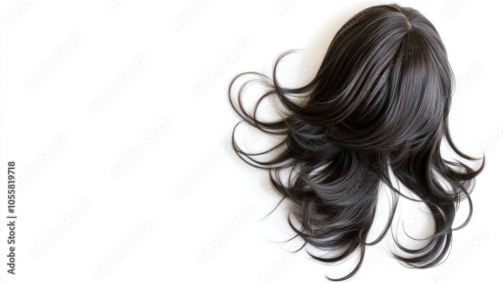 Stylish wig for women, modern hairstyle, isolated on white, soft texture and rich layers Stylish wig for women, modern hairstyle, isolated on white, soft texture and rich layers