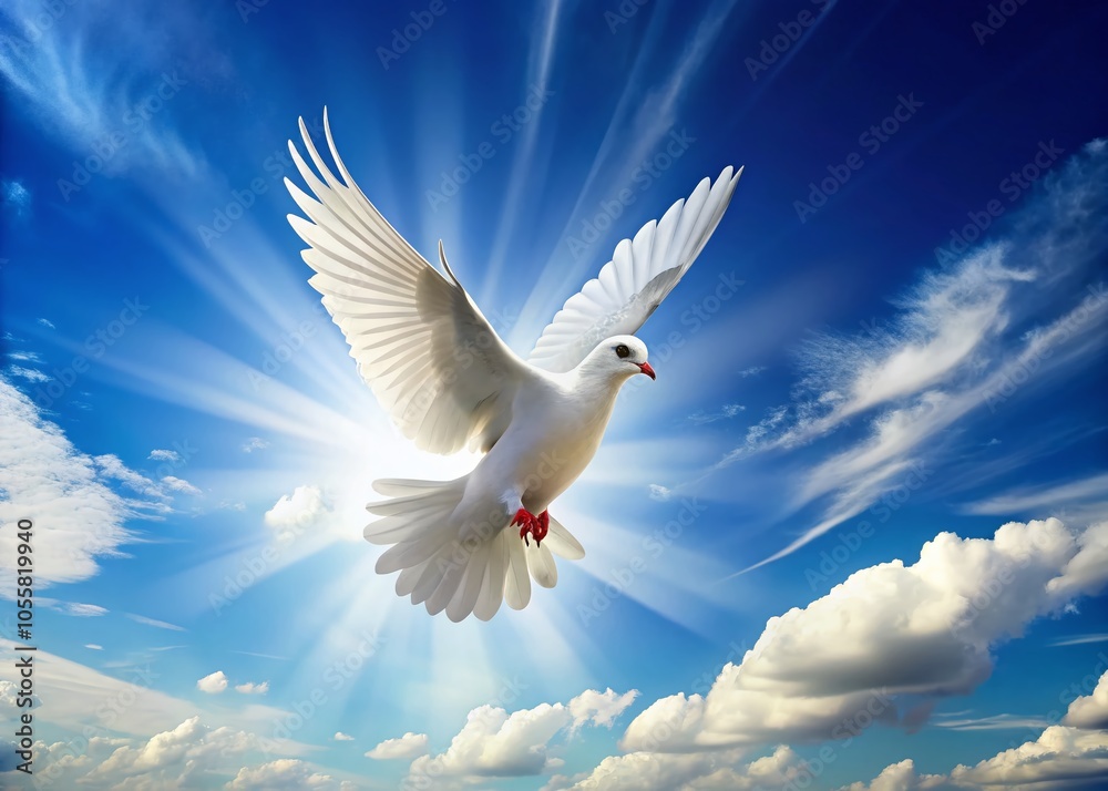 Flying White Dove Against Blue Sky - Symbol of Freedom and Peace for Inspirational Banners and Text Placements Flying White Dove Against Blue Sky - Symbol of Freedom and Peace for Inspirational Banners and Text Placements