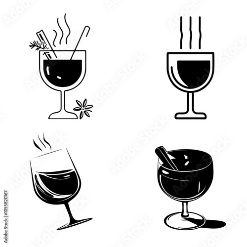 Icons of wine glasses and hot mulled wine with spices. Set of vector icons in black color in EPS 10 format