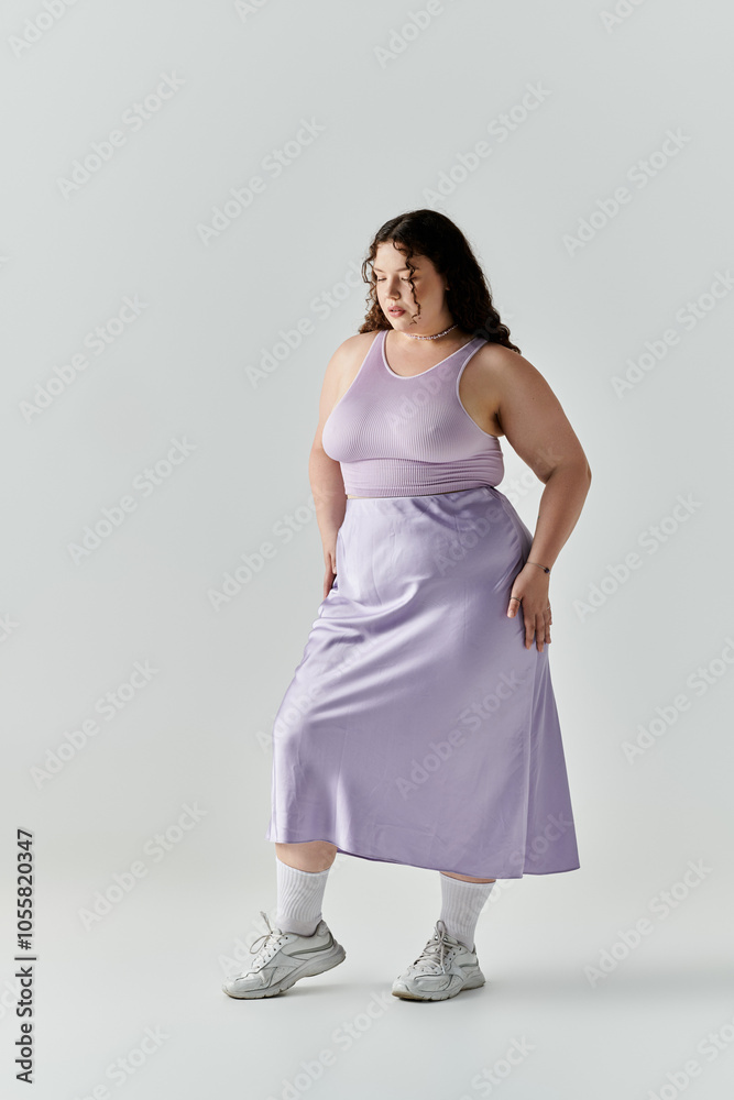 The elegant plus size woman stands poised in a lavender dress, radiating confidence and beauty. The elegant plus size woman stands poised in a lavender dress, radiating confidence and beauty.