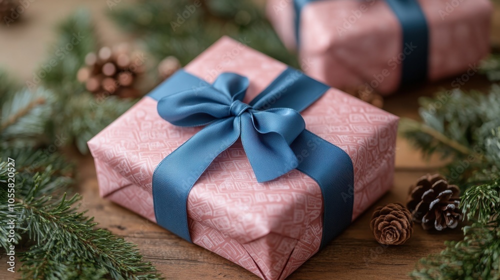 Delicately wrapped gifts adorned with a blue ribbon, nestled among evergreen sprigs and pinecones for a charming holiday atmosphere Delicately wrapped gifts adorned with a blue ribbon, nestled among evergreen sprigs and pinecones for a charming holiday atmosphere