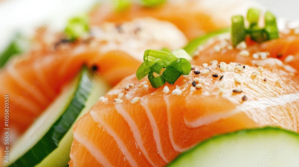 Sushi with salmon and cucumber garnish, close-up on white background. Sushi with salmon and cucumber garnish, close-up on white background.