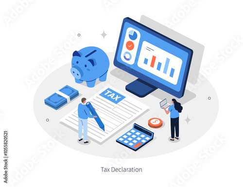 Finance and accounting concept. Characters preparing tax declaration, calculating income tax return infographic template. Flat isometric vector illustration.