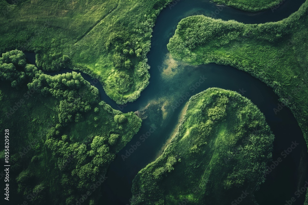 A green river with trees and grass on both sides. The water is calm and the trees are lush and green A green river with trees and grass on both sides. The water is calm and the trees are lush and green
