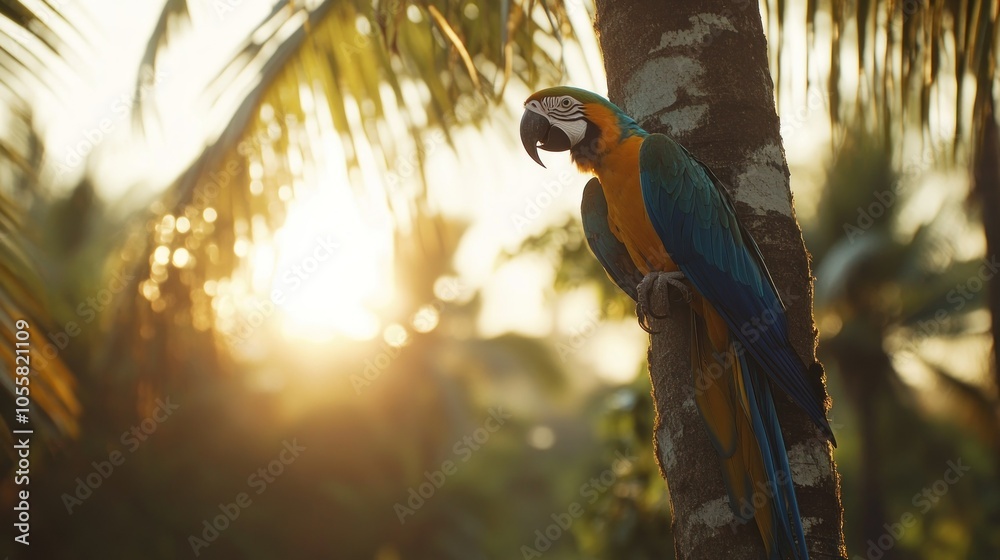 Blue and Gold Macaw Perched on a Tree Trunk at Sunset Blue and Gold Macaw Perched on a Tree Trunk at Sunset