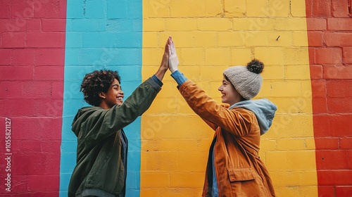 Two Smiling Friends High Five in Front of a Colorful Brick Wall photo