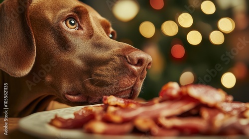 Brown dog eagerly gazing at a plate of crispy bacon, eyes filled with desire, surrounded by a warm homey setting. photo