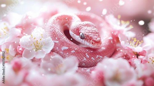 A captivating pink snake coiled amidst delicate cherry blossoms in a serene spring garden setting photo