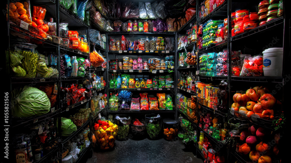 A colorful pantry filled with an array of fruits, vegetables, and packaged goods organized on shelves in a well-lit space A colorful pantry filled with an array of fruits, vegetables, and packaged goods organized on shelves in a well-lit space