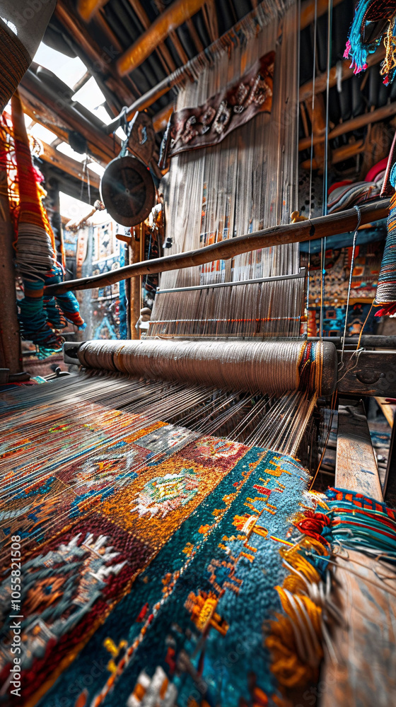 Naklejka premium Artisan at Work on Loom in Traditional Weaving Workshop