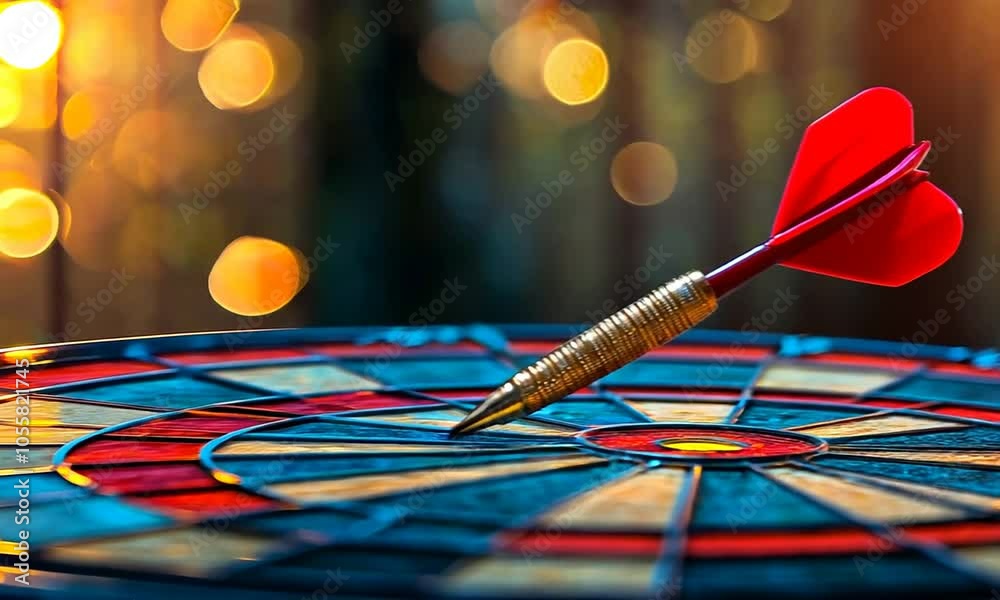 A close-up of a dart on a colorful dartboard, illuminated by warm bokeh lights in the background. A close-up of a dart on a colorful dartboard, illuminated by warm bokeh lights in the background.