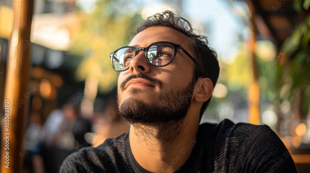 Young man with glasses looking up thoughtfully in an outdoor setting Young man with glasses looking up thoughtfully in an outdoor setting