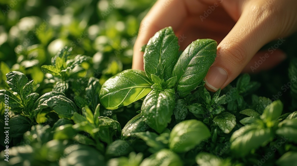 Hand gently selecting fresh herbs from a lush garden. Hand gently selecting fresh herbs from a lush garden.