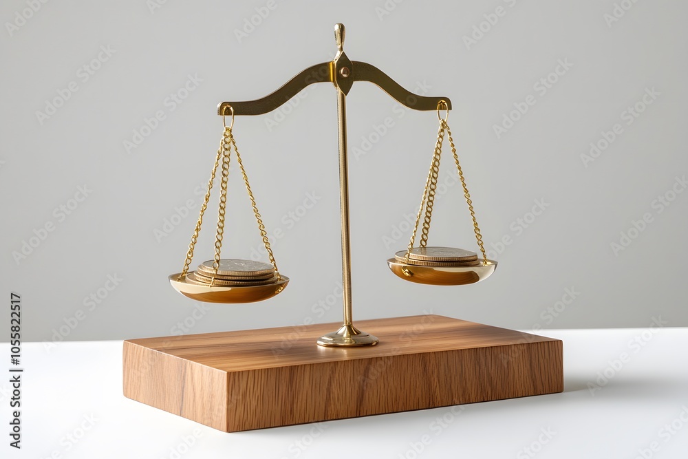 A balanced scale with coins and the justice symbol on a white background, in a minimalistic style A balanced scale with coins and the justice symbol on a white background, in a minimalistic style
