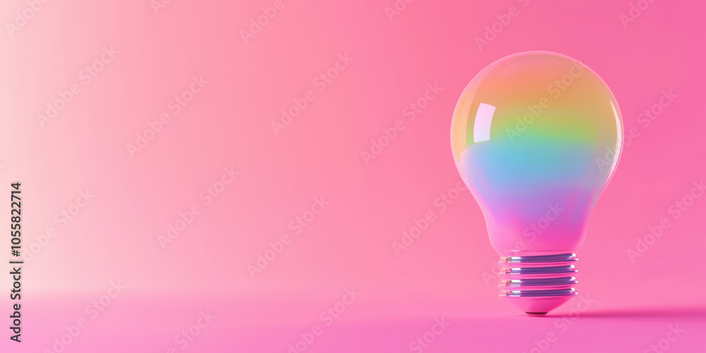 A light bulb with rainbow colors is lit up on a pink background A light bulb with rainbow colors is lit up on a pink background