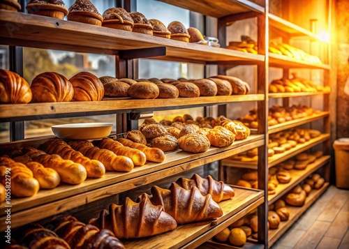 Freshly Baked Croissants and Buns in a Rustic Bakery Setting