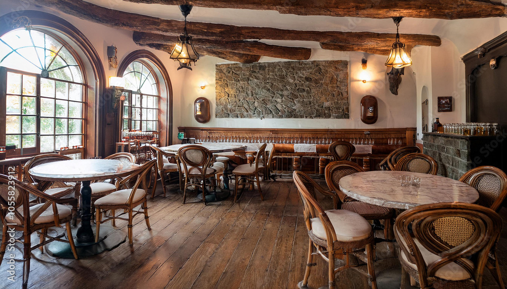 Naklejka premium Interior de un bar taberna estilo antiguo, con madera y piedra. Ninguna persona