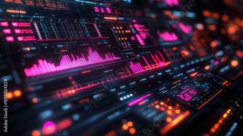 Futuristic data visualization with graphs and digital interfaces.