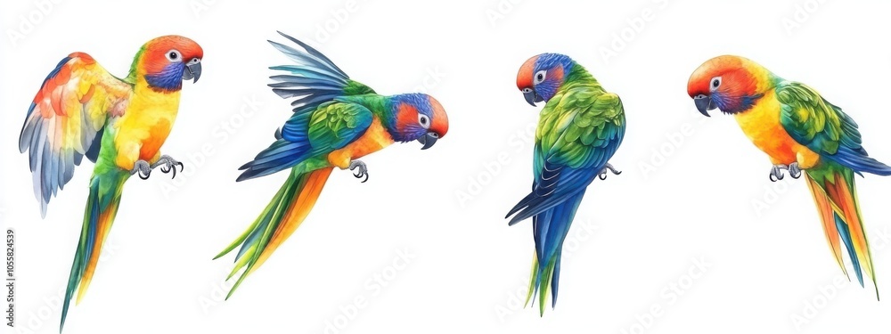 Naklejka premium Rainbow Lorikeet parrot with vibrant colors, in various poses on a white background