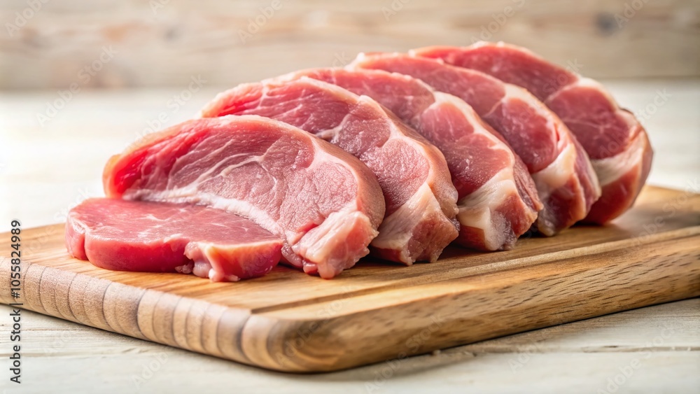 Fresh Pork Meat on Wooden Cutting Board - Tilt-Shift Photography of Thin Strips for Culinary Delight Fresh Pork Meat on Wooden Cutting Board - Tilt-Shift Photography of Thin Strips for Culinary Delight
