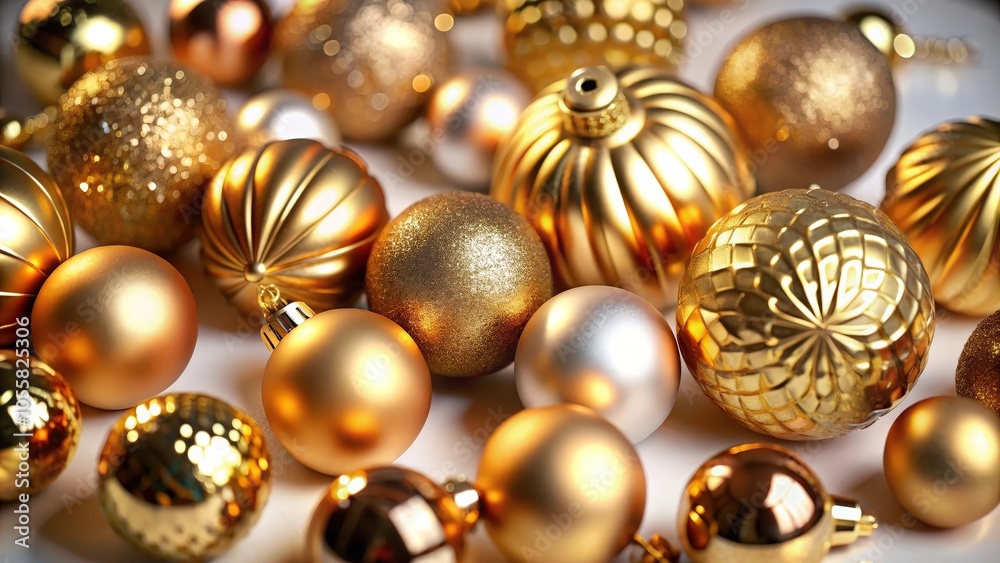 A cluster of golden Christmas ornaments with varying textures and patterns, reflecting the festive spirit of the season. A cluster of golden Christmas ornaments with varying textures and patterns, reflecting the festive spirit of the season.